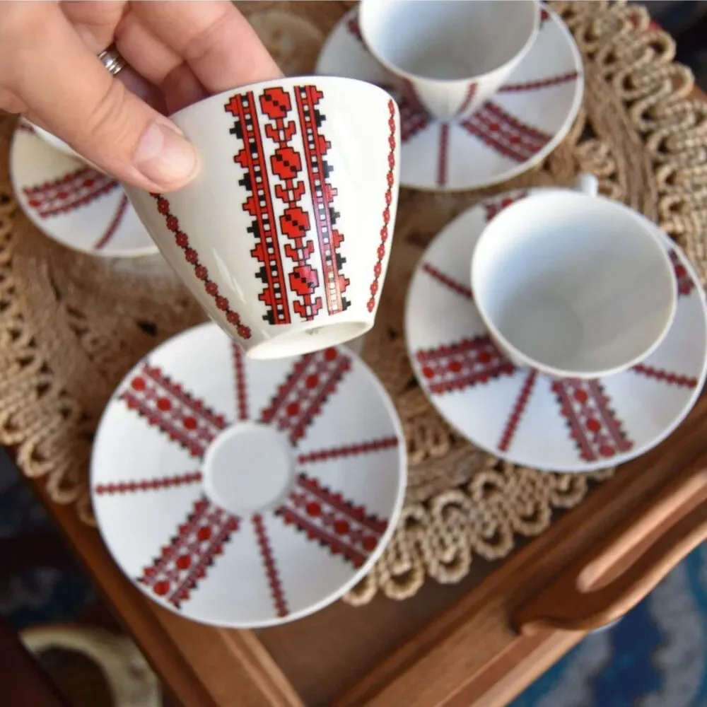 Vintage Alboth Kaiser Bavaria Tea Cups Saucers Set 4 Folk Art Red Black MCM